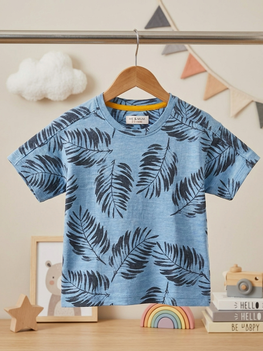 Blue Palm Leaf Printed T-Shirt