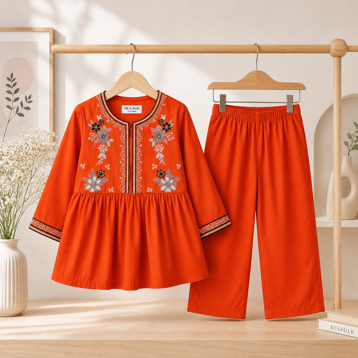 Girls Rust Orange Embroidered Kurta with Trousers