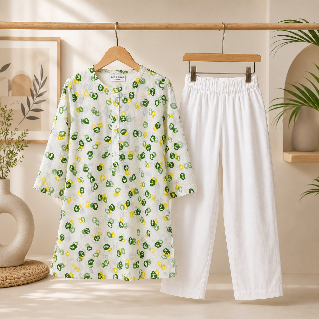 White & Green Leaf Printed Kurta with White Trouser Set