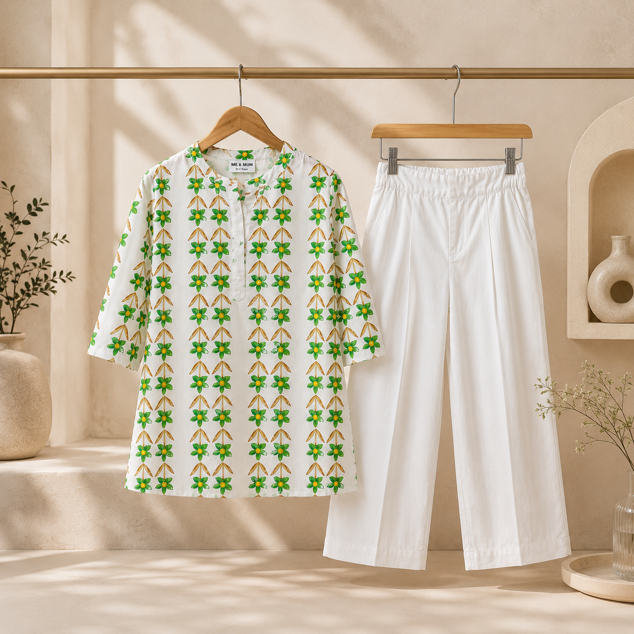 White & Green Floral Kurta with White Trouser Set