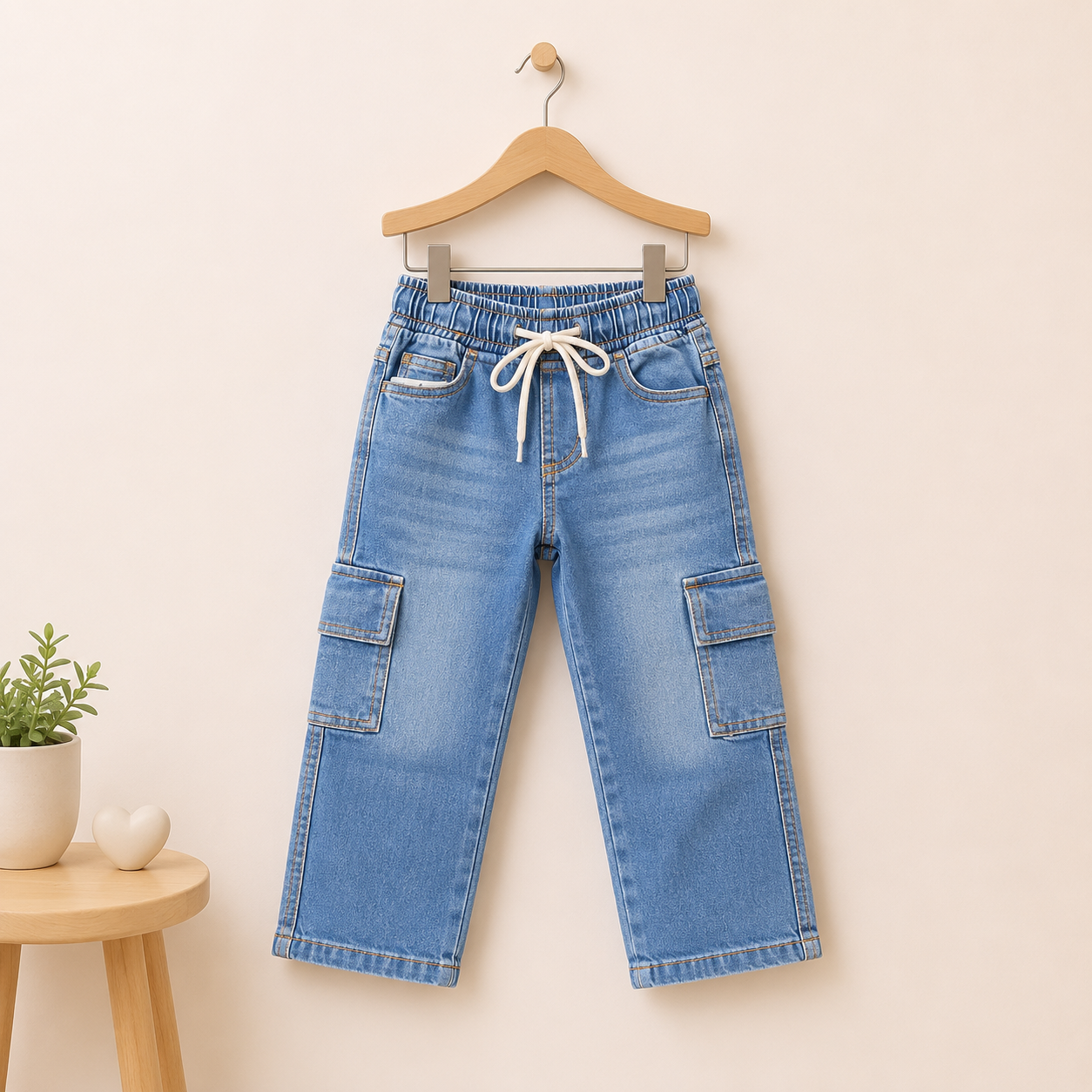 Light Wash Cargo Denim Jeans with Elastic Waist