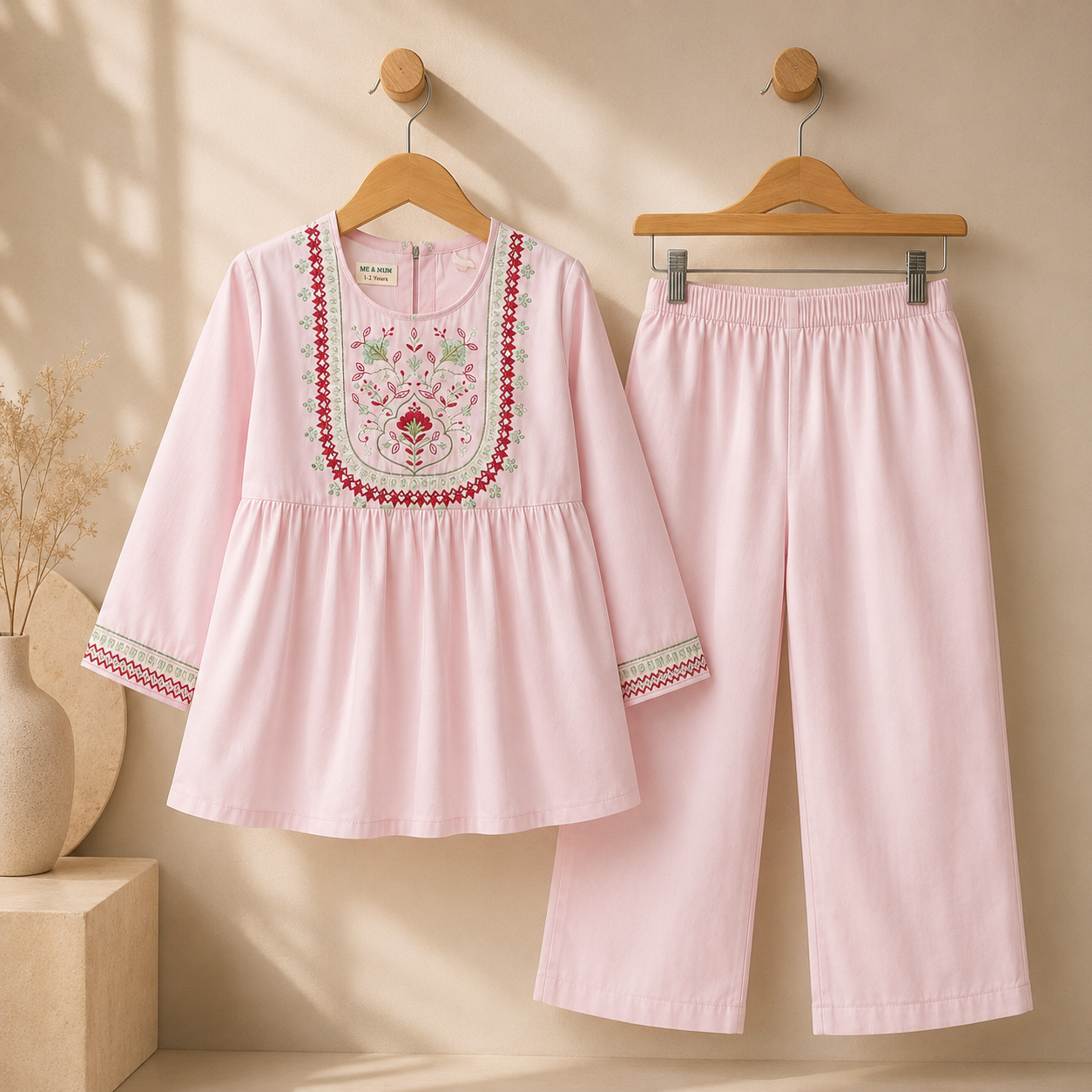 Girls Baby Pink Embroidered Kurta with Trousers
