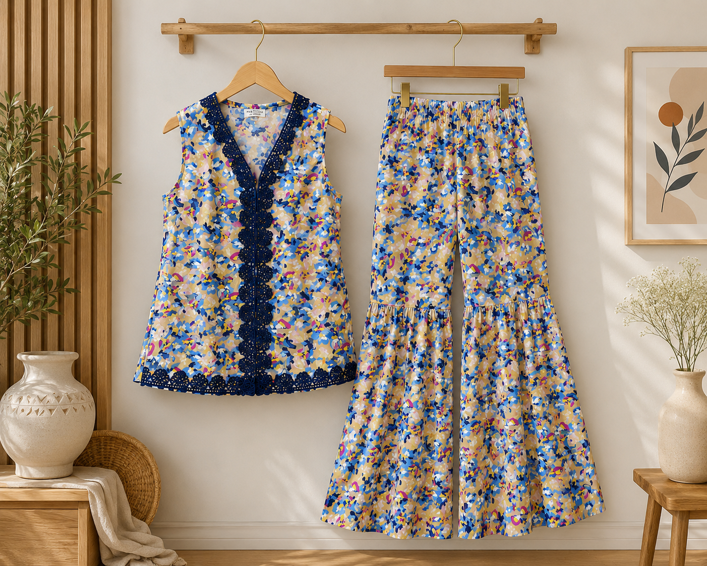 Girls Blue & Beige Abstract Print Kurta with Flared Trousers