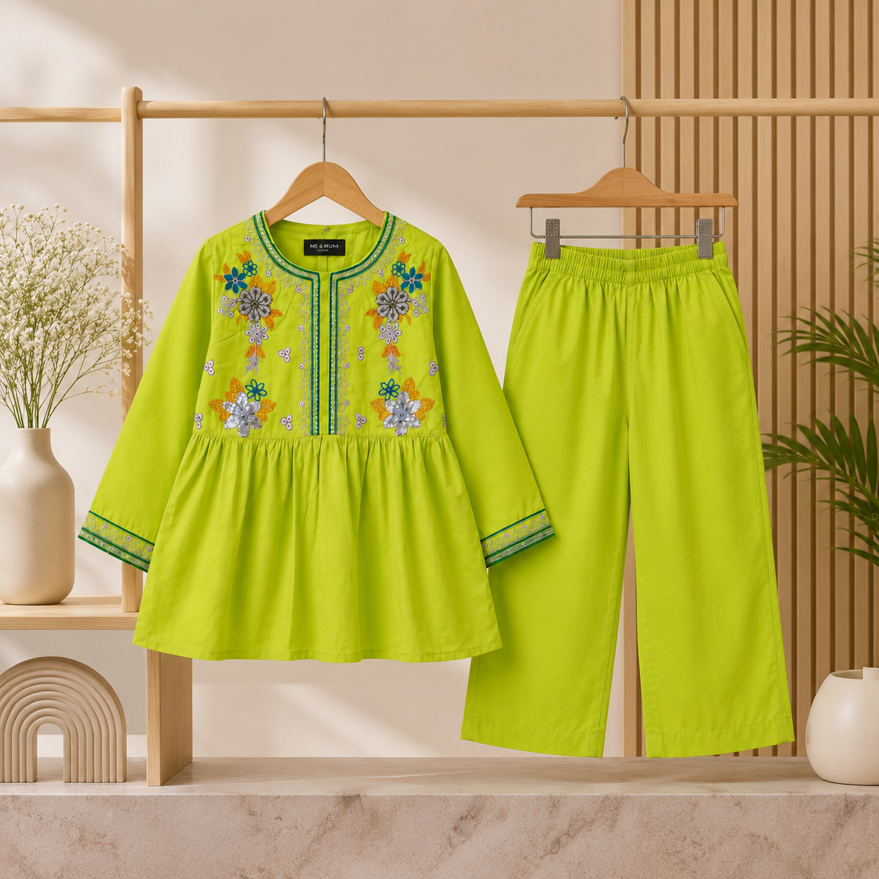 Girls Lime Green Embroidered Kurta with Wide Leg Trousers