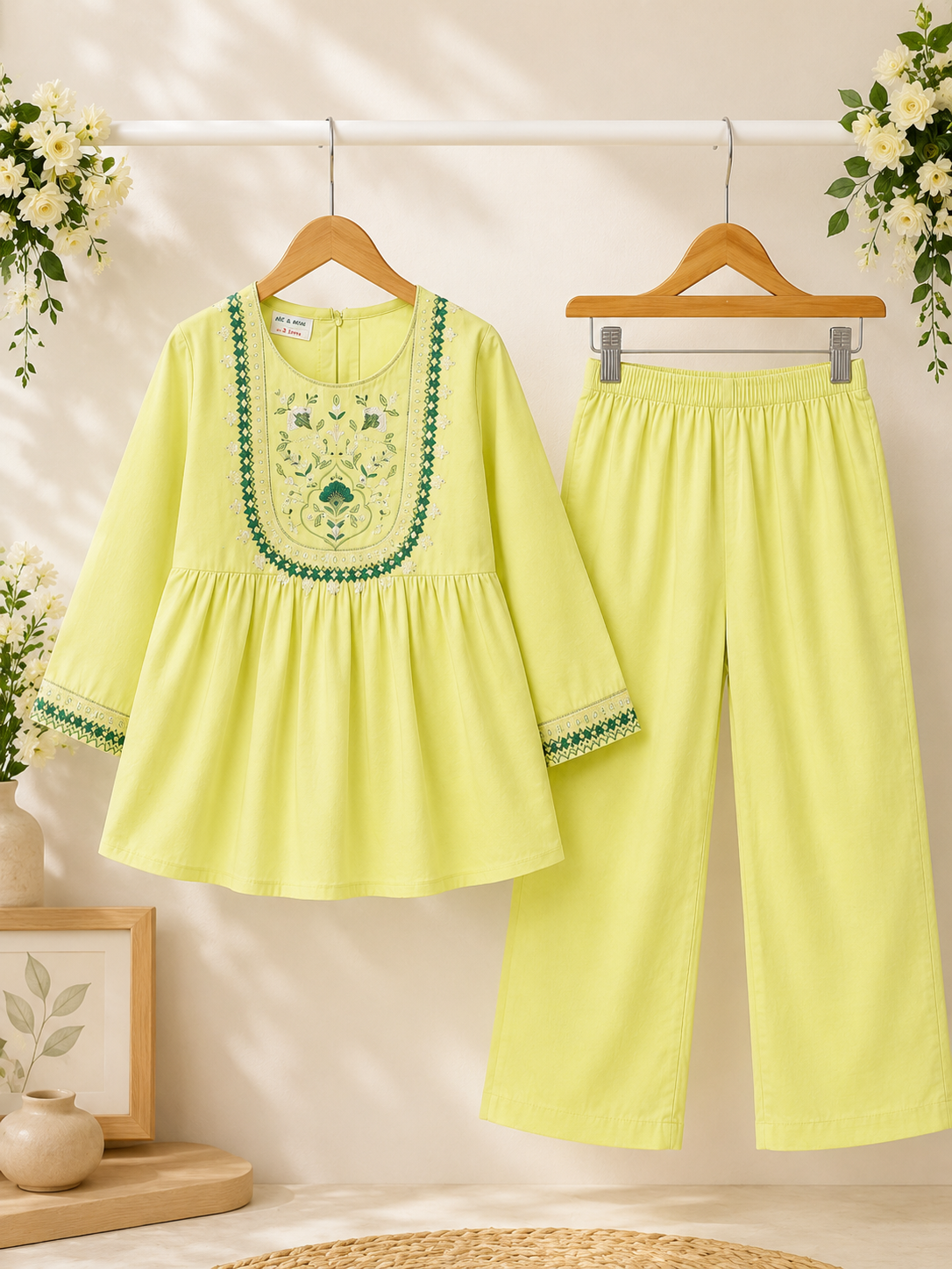 Girls Lime Yellow Embroidered Kurta with Plain Trousers
