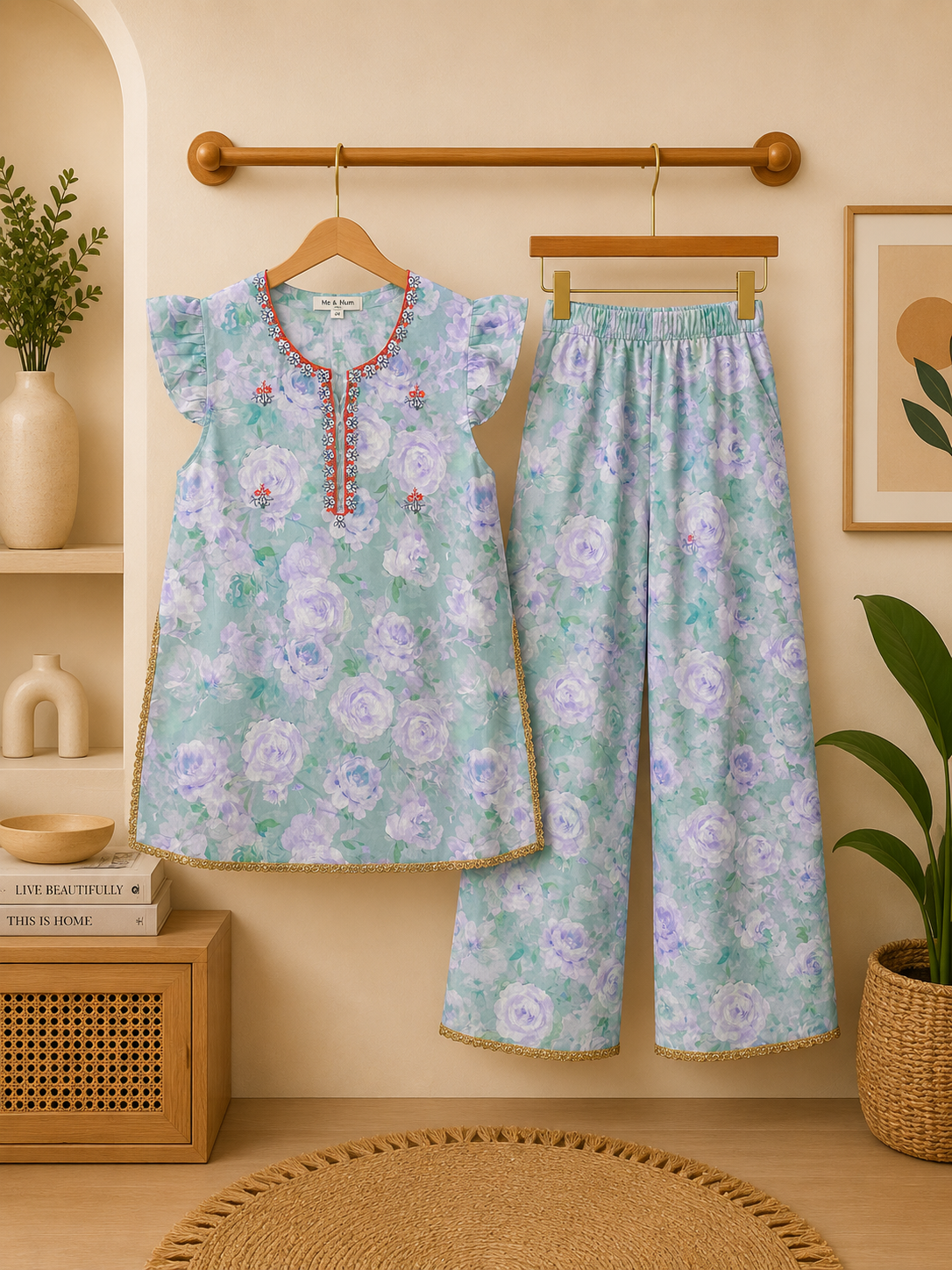 Girls Mint Green Floral Kurta with Trousers