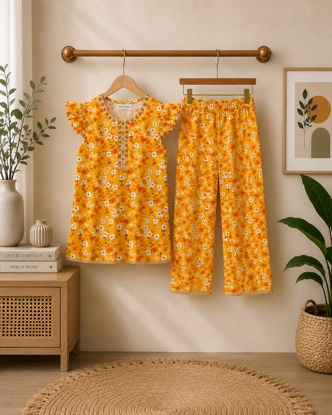 Girls Mustard Floral Kurta with Straight Trousers