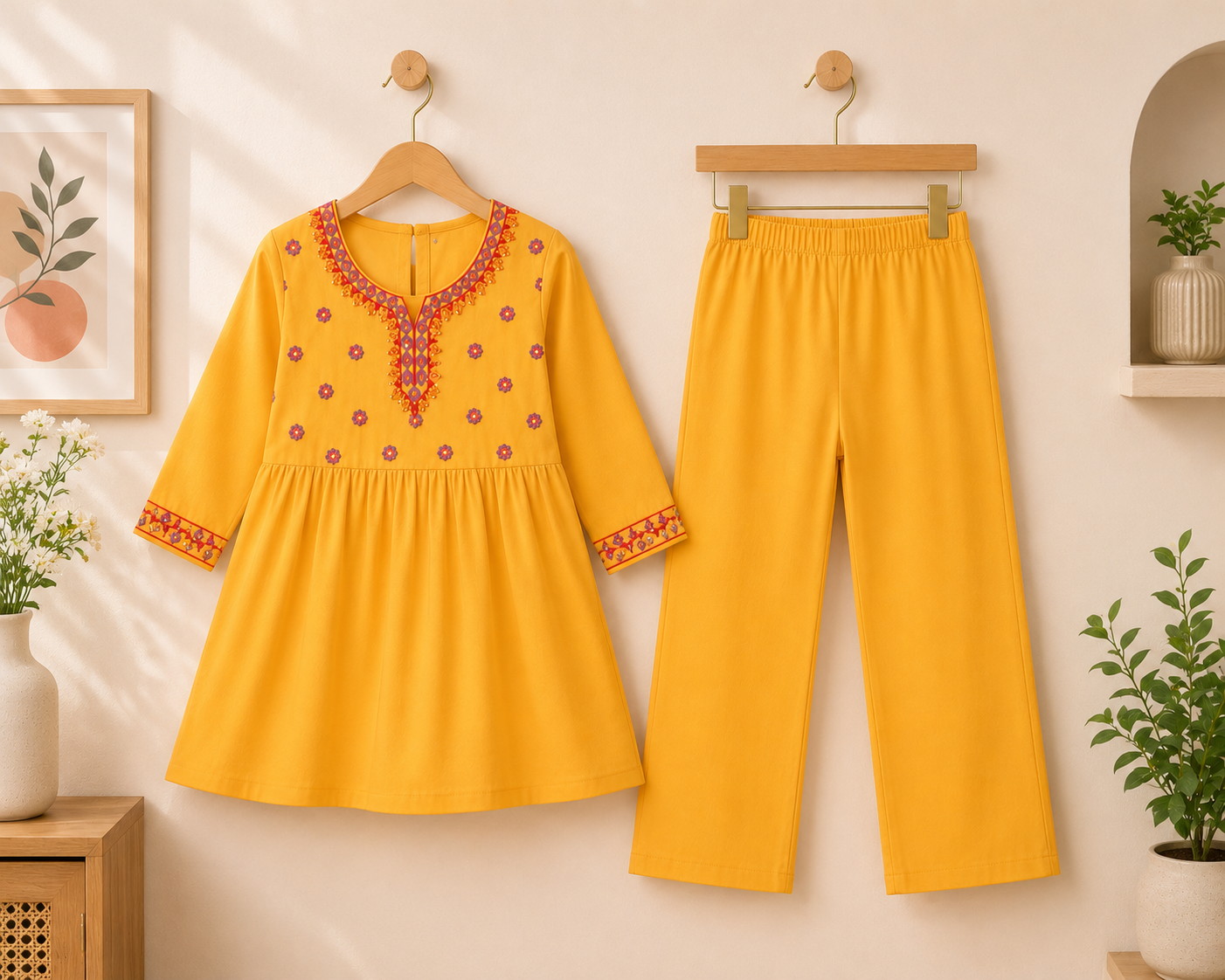 Girls Mustard Yellow Embroidered Kurta with Trousers