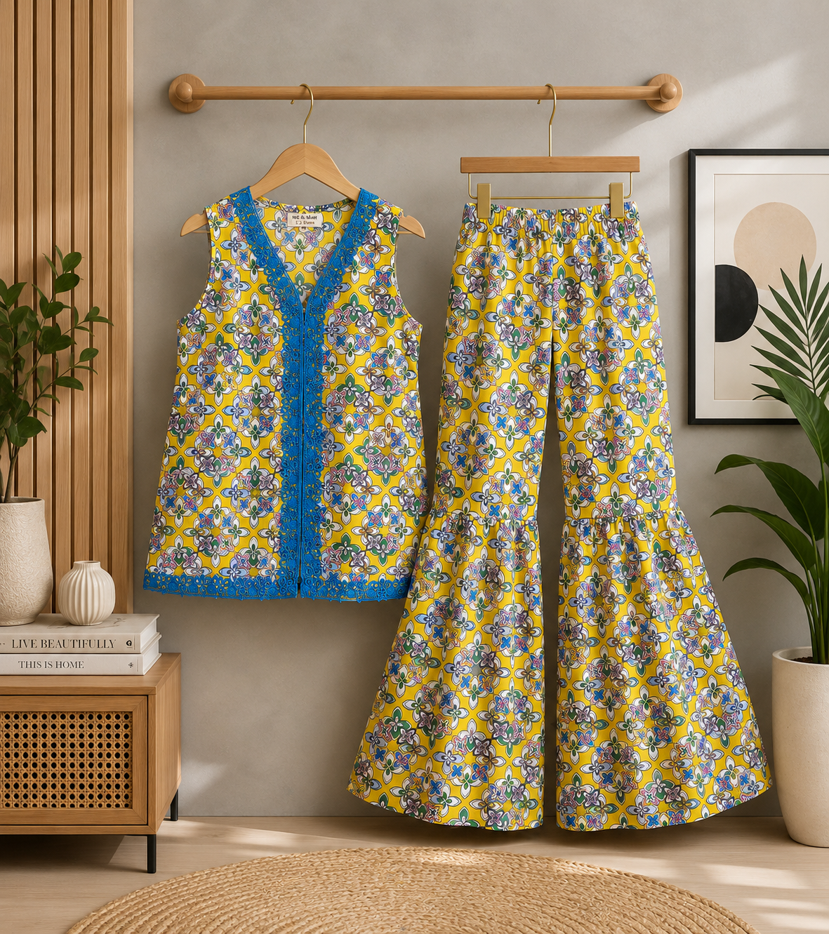 Girls Mustard Yellow Floral Kurta with Flared Trousers