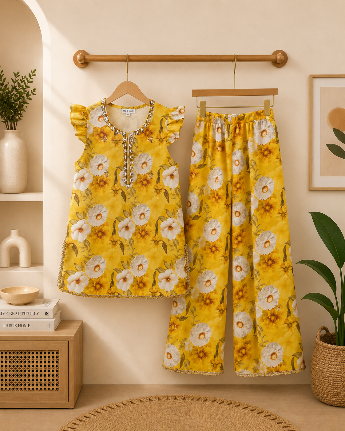 Girls Mustard Yellow Floral Kurta with Trouser
