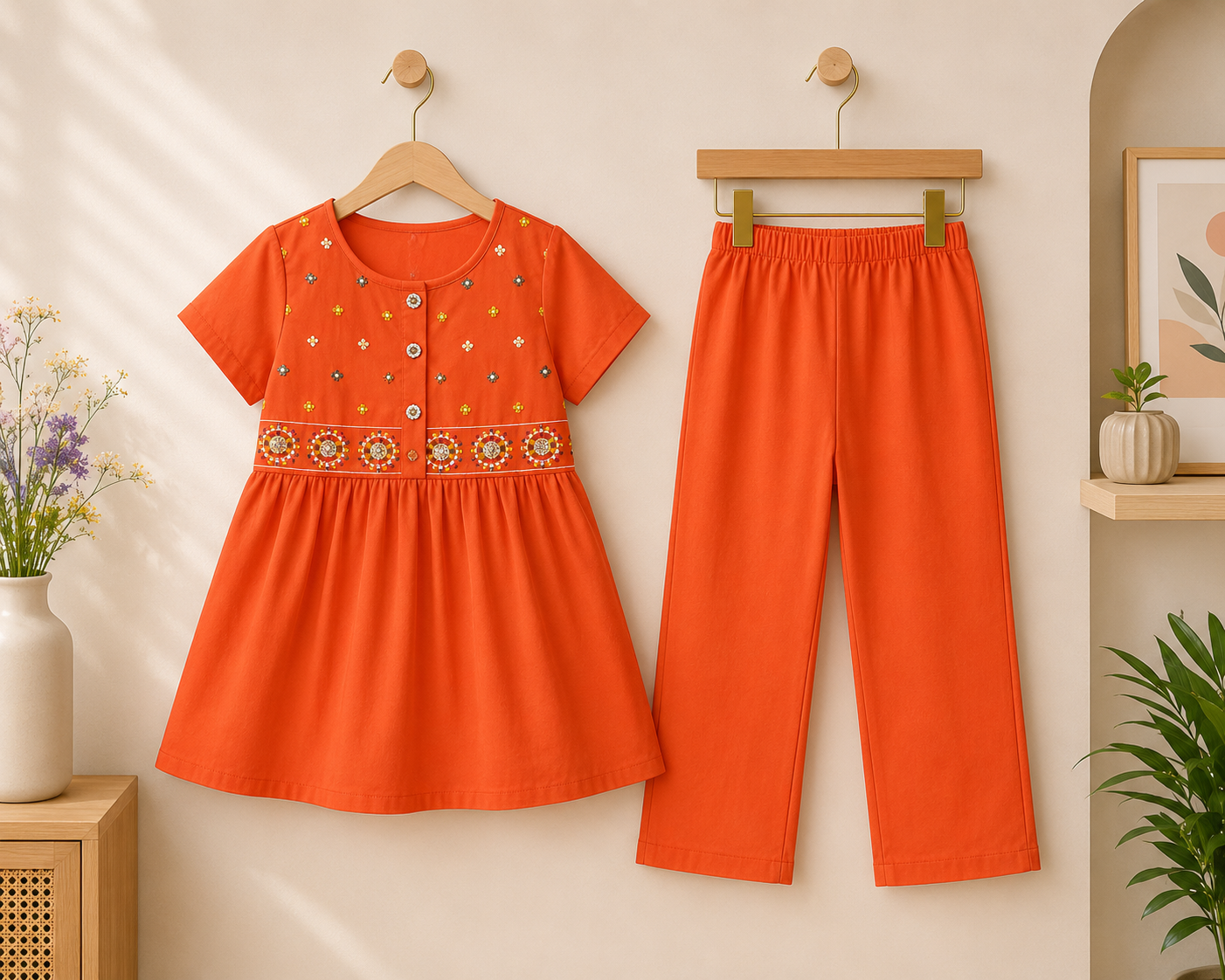 Girls Orange Embellished Kurta with Trousers