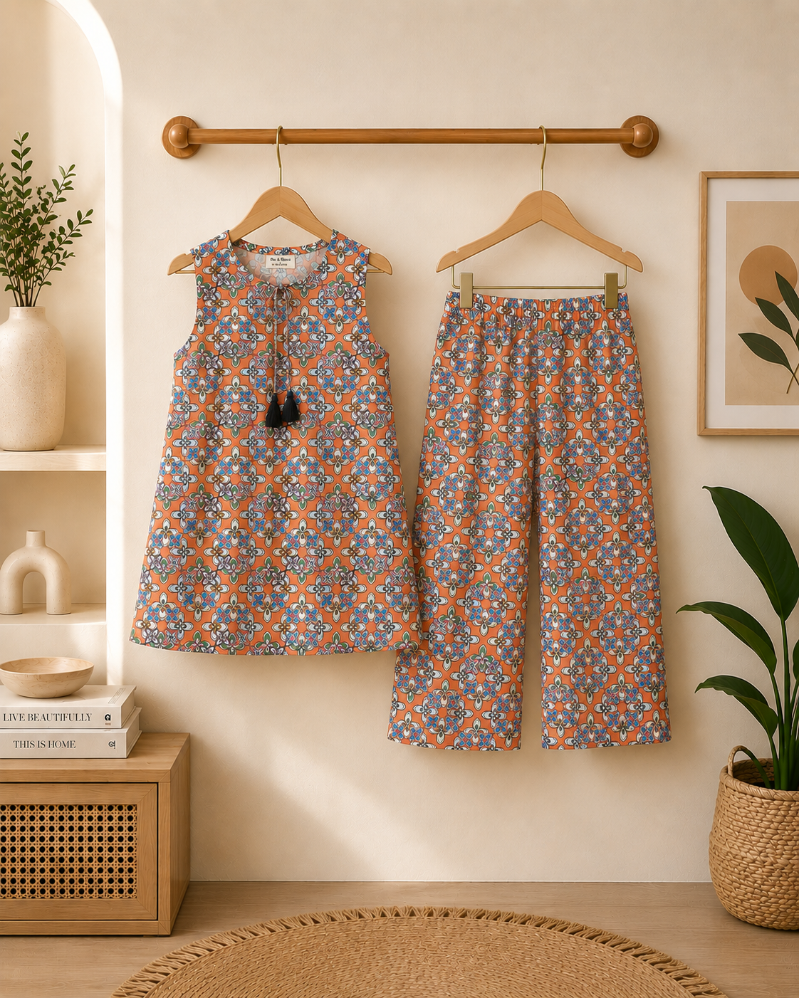 Girls Peach Printed Sleeveless Kurta with Trousers