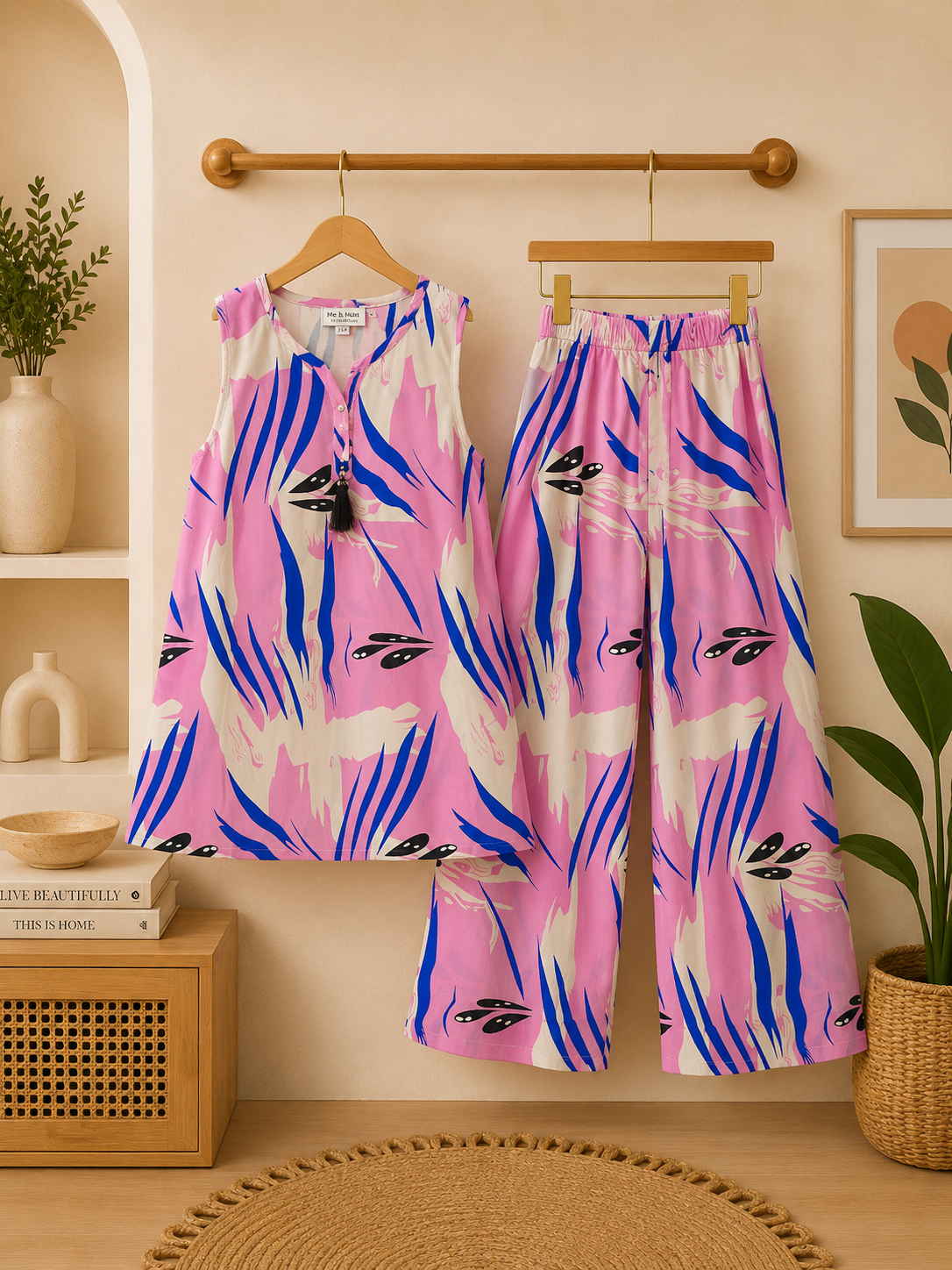 Girls Pink Abstract Print Sleeveless Kurta With Wide Leg Trouser Set
