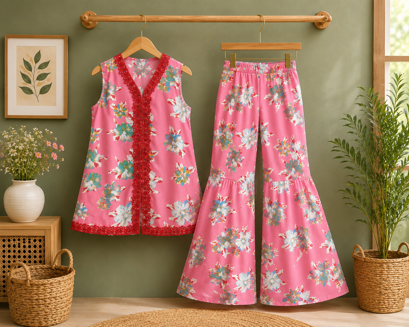 Girls Pink Blossom Print Kurta with Flared Trousers