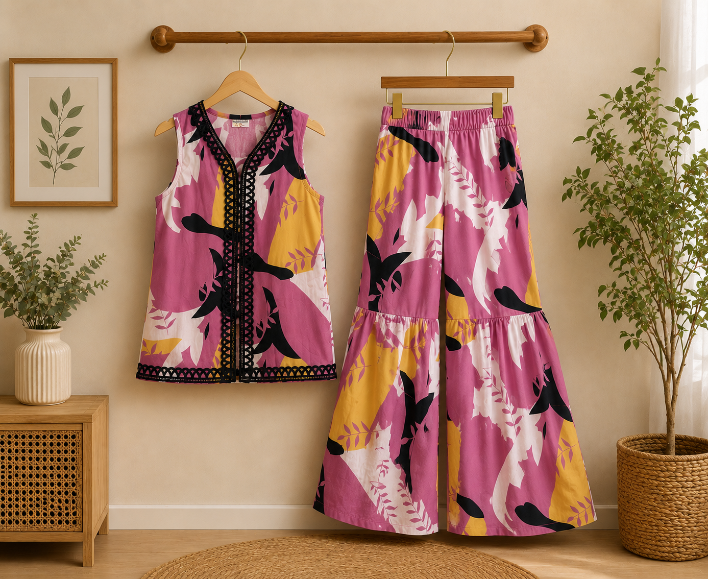 Girls Pink & Mustard Abstract Print Kurta with Flared Trousers
