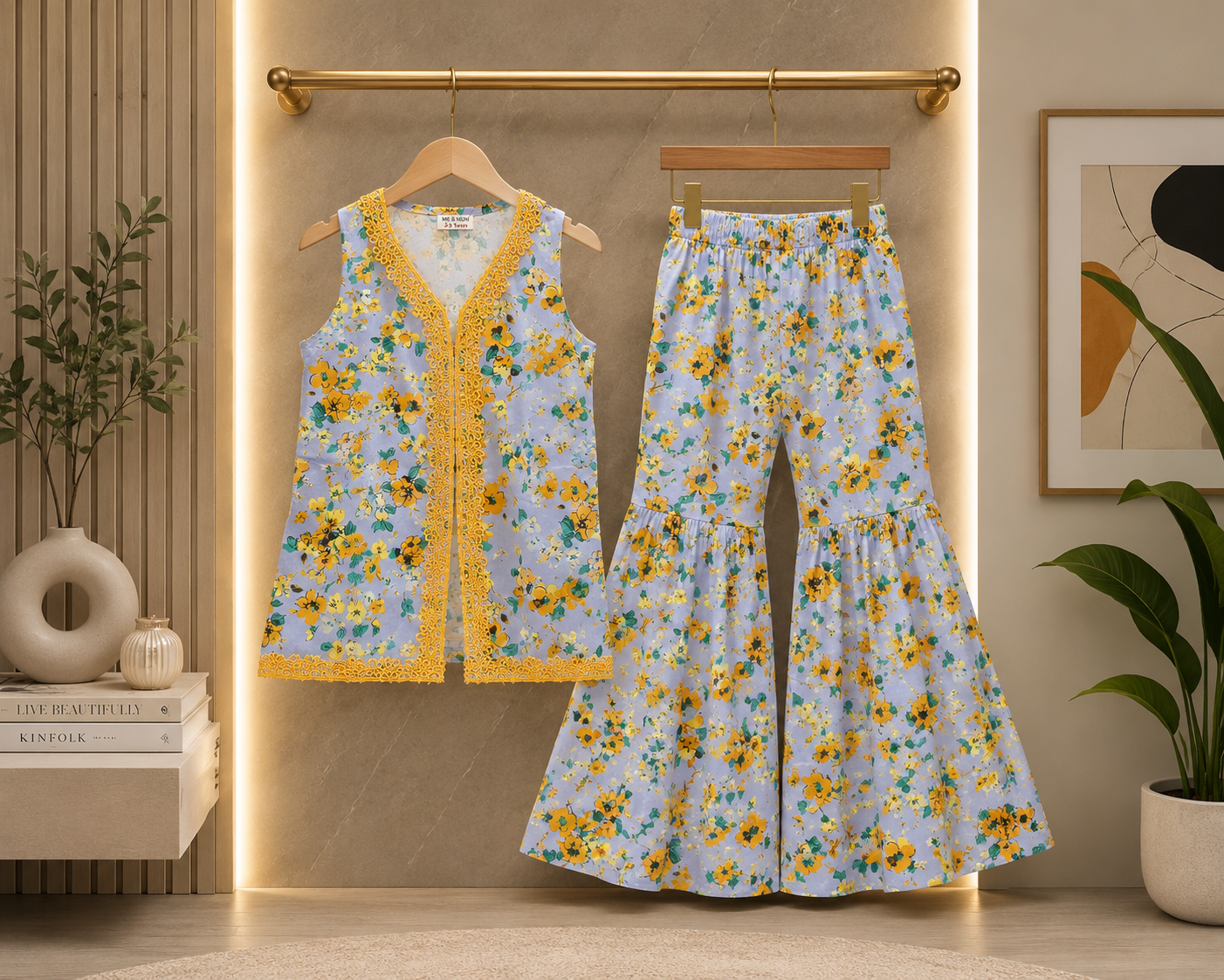Girls Sky Blue Floral Kurta with Flared Trousers
