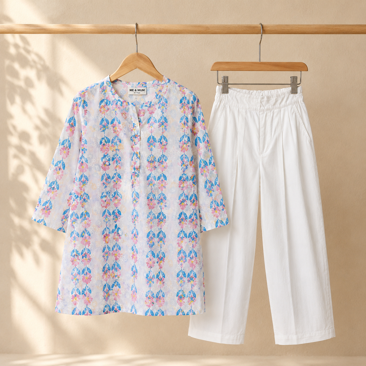 Girls White Floral Kurta with White Trouser Set