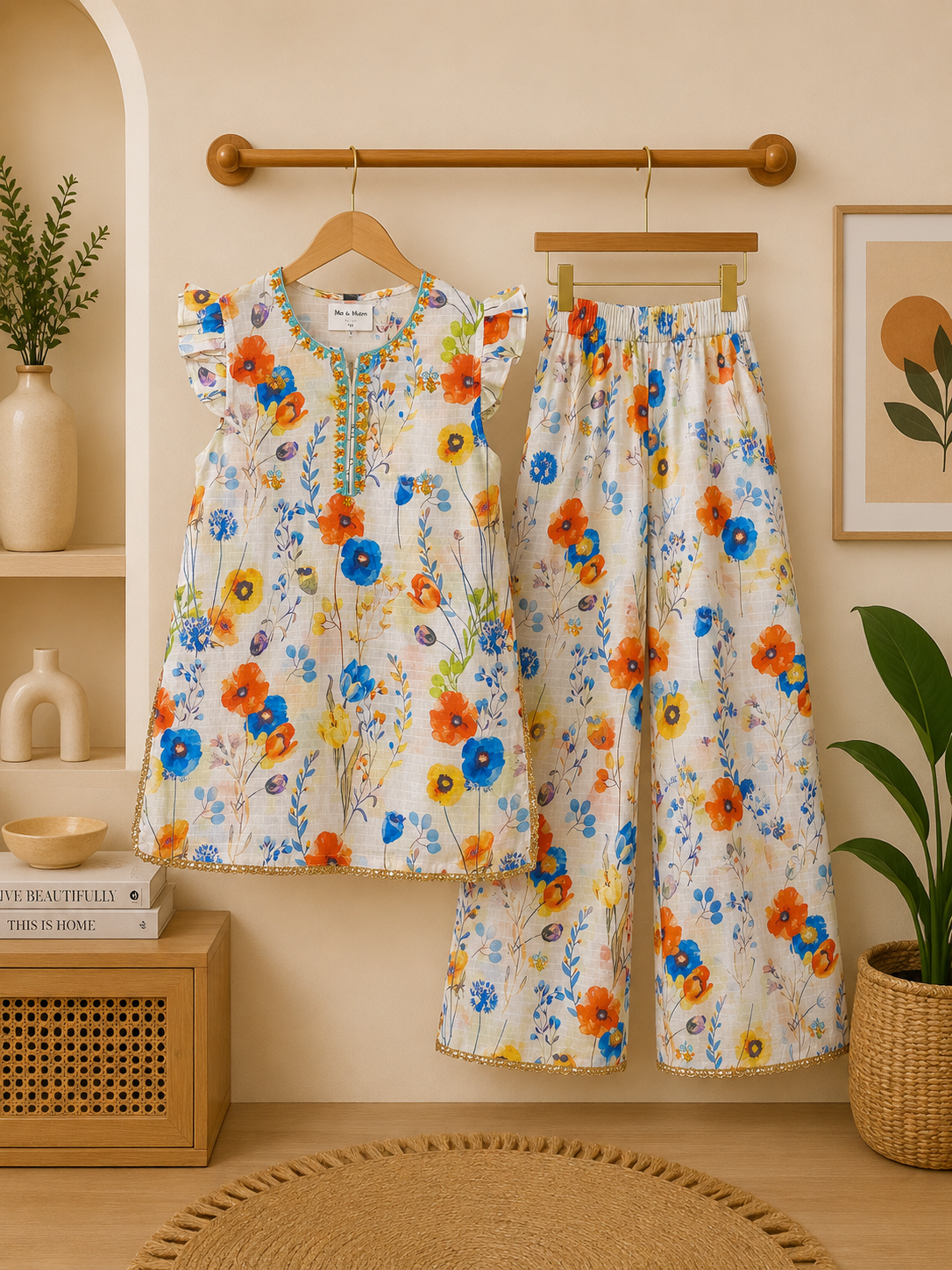Girls White Multicolor Floral Kurta with Trousers