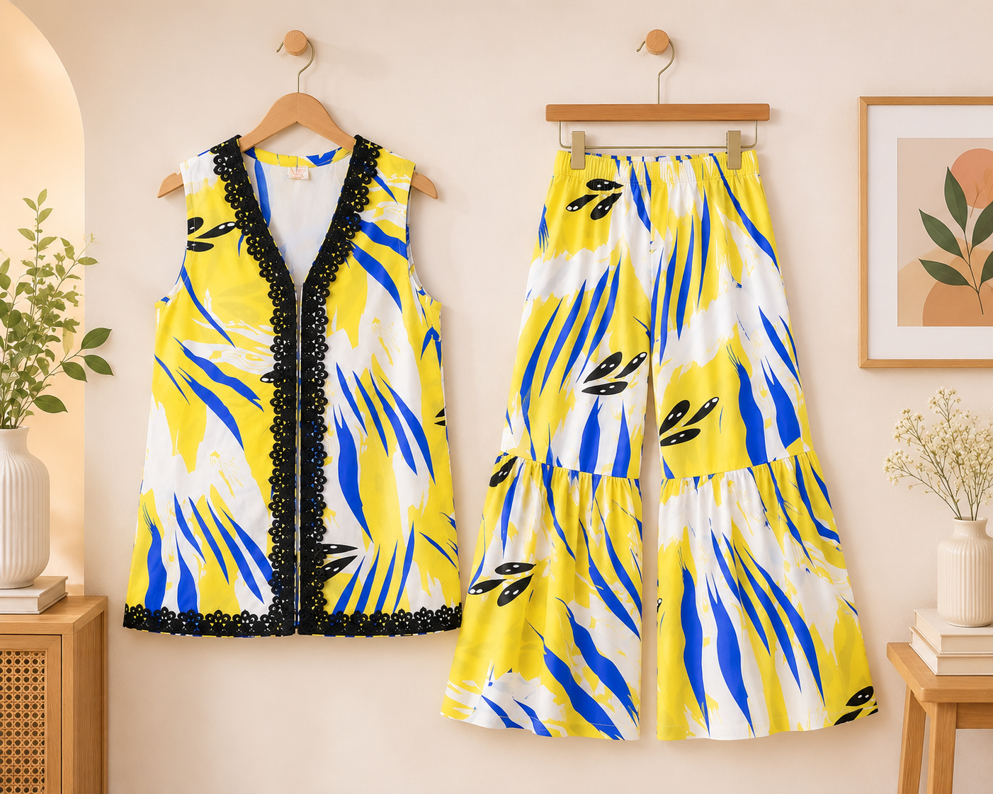 Girls Yellow & Blue Abstract Printed Kurta with Flared Trouser Set