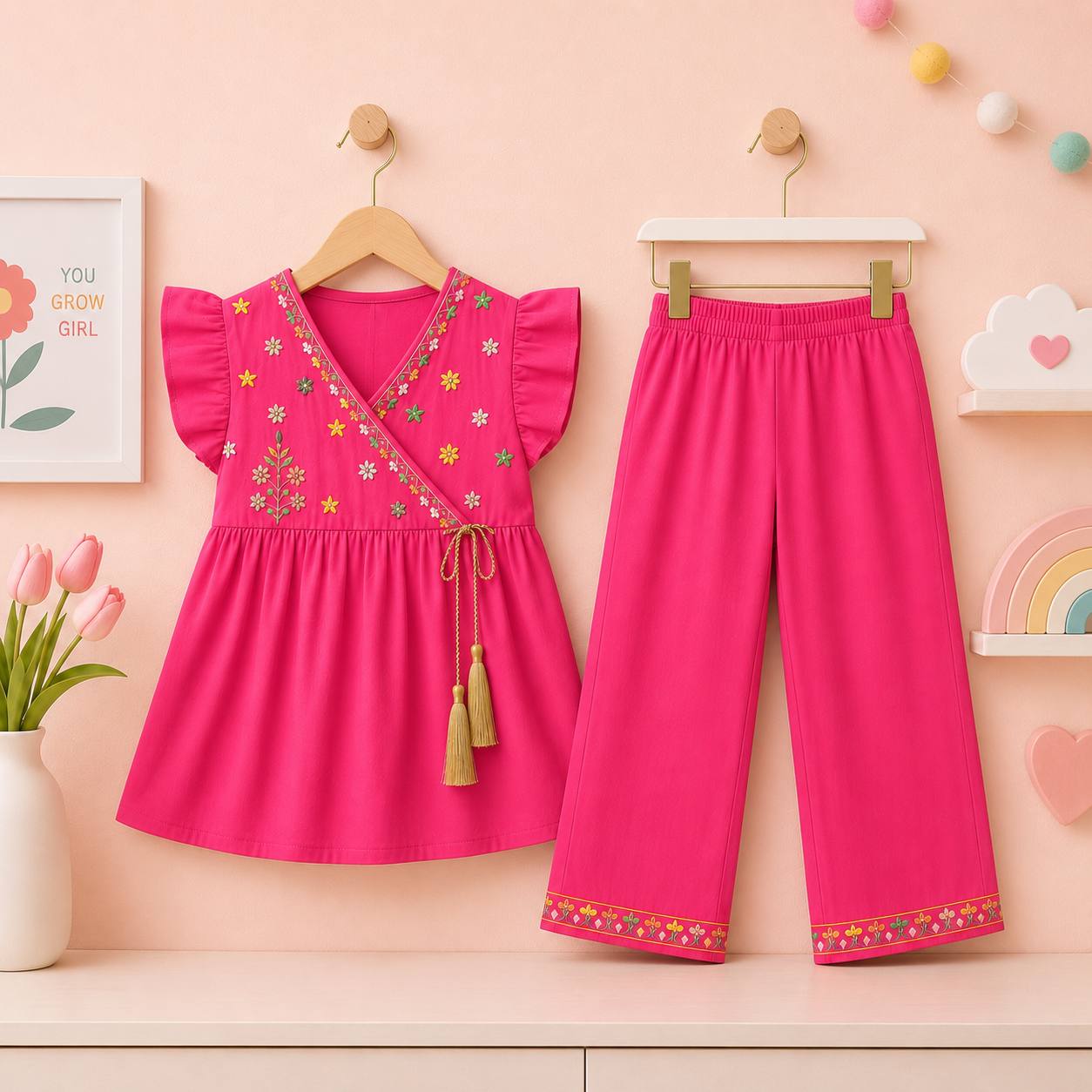 Premium Girls Fuchsia Pink Embroidered Wrap Kurta with Trousers