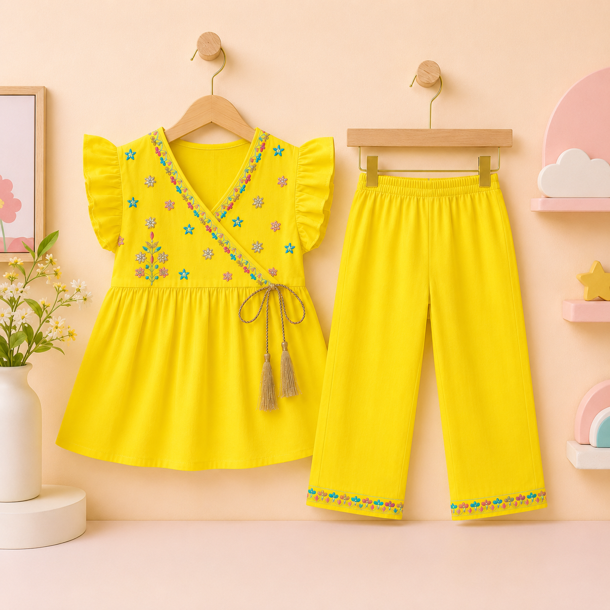 Premium Girls Yellow Embroidered Wrap Kurta with Trousers