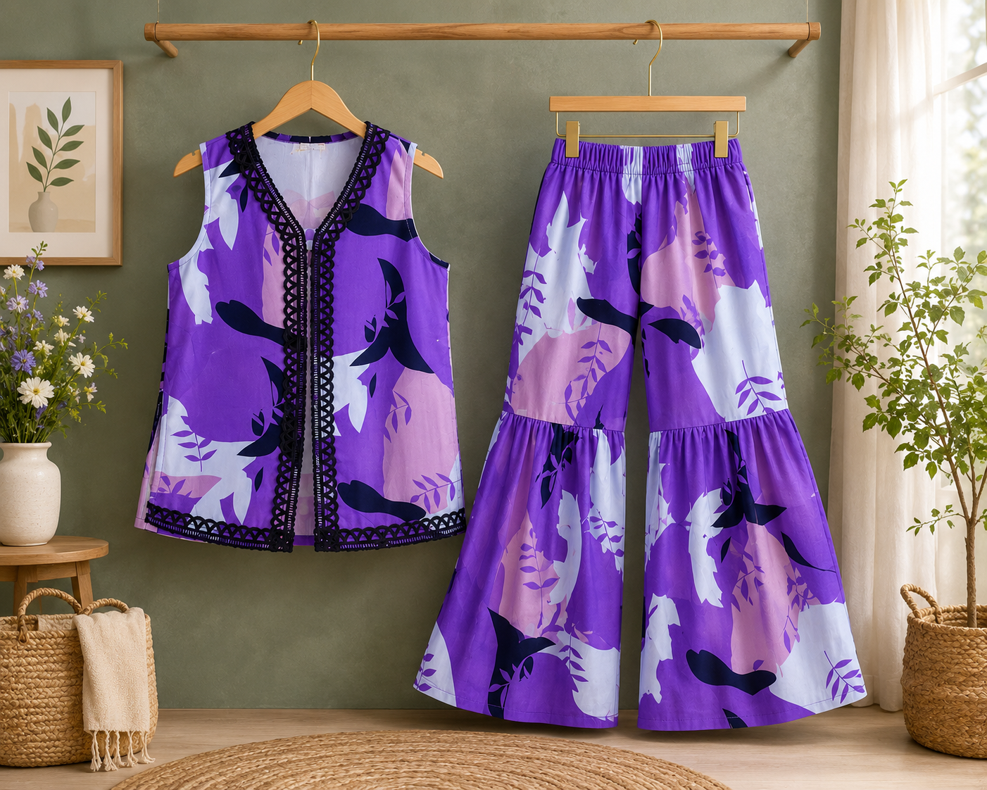 Purple Abstract Printed Kurta with Flared Trouser Set