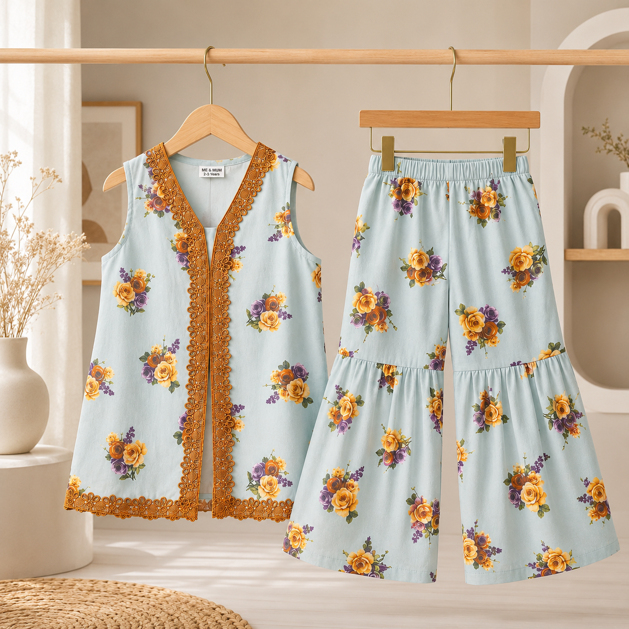 Sky Blue Floral Kurta with Flared Trouser Set